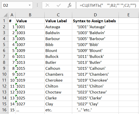 Value labels in Excel wrapped to syntax form